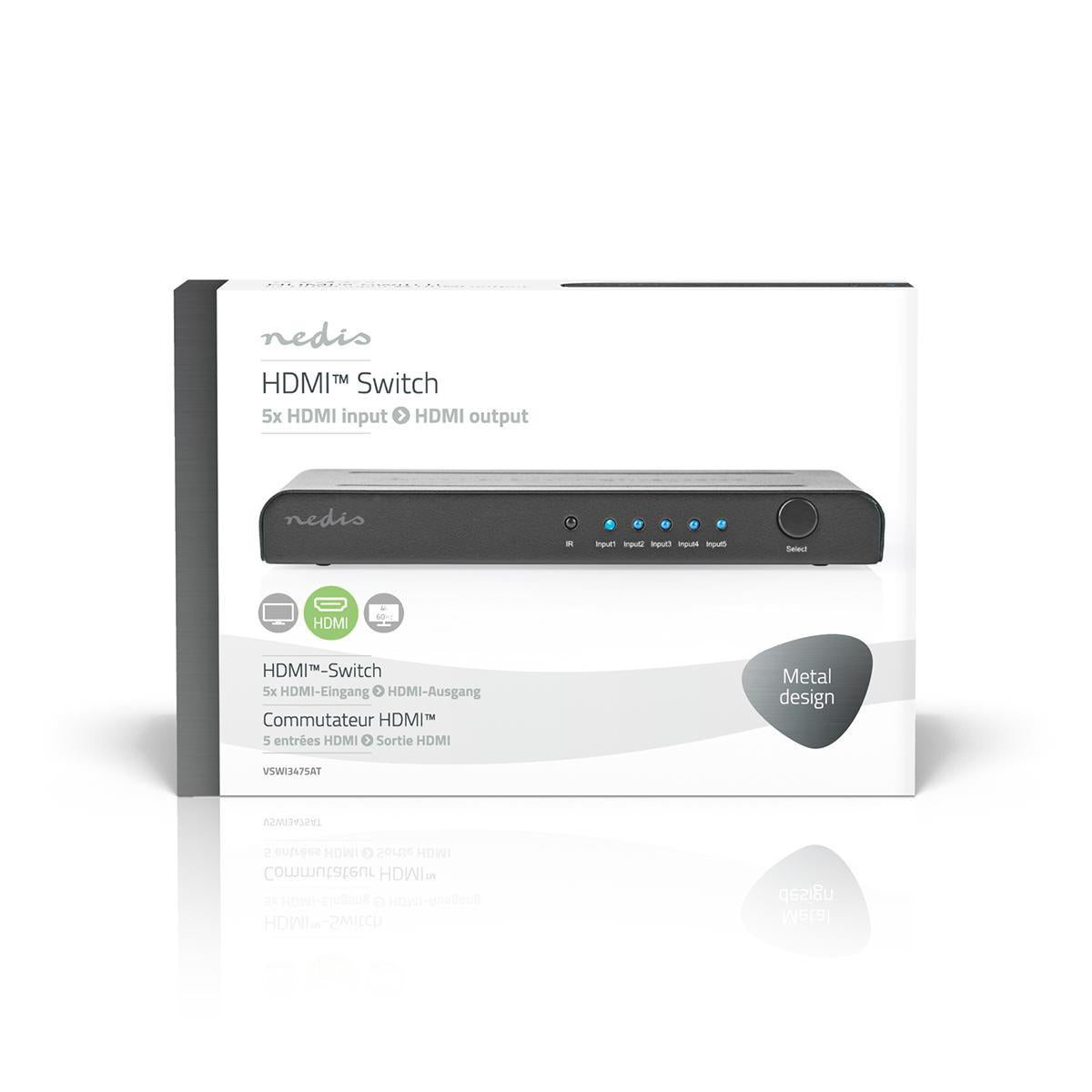 HDMI™ Switch | 5-Port port(s) | 5x HDMI™ Input | 1x HDMI™ output | 4K@60Hz | 18 Gbps | Remote controlled | Metal | Anthracite