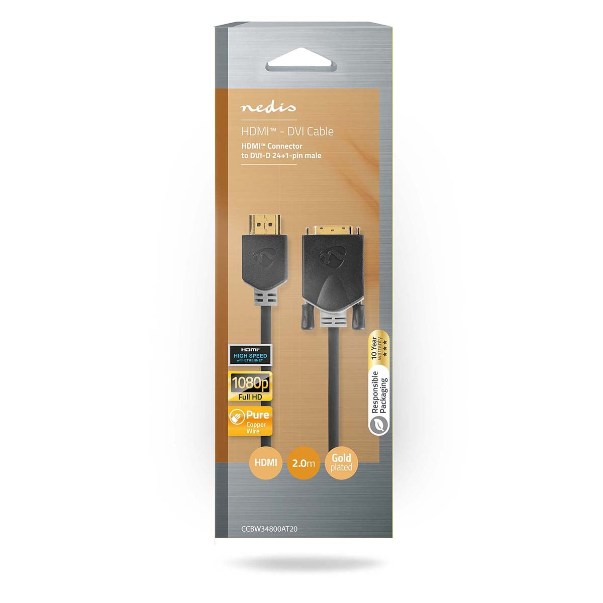 HDMI™ cable | HDMI™ Connector | DVI-D 24+1-Pin Male | 1080p | Gold Plated | 2.00 m | Straight | PVC | Anthracite | Window Box with Euro Lock