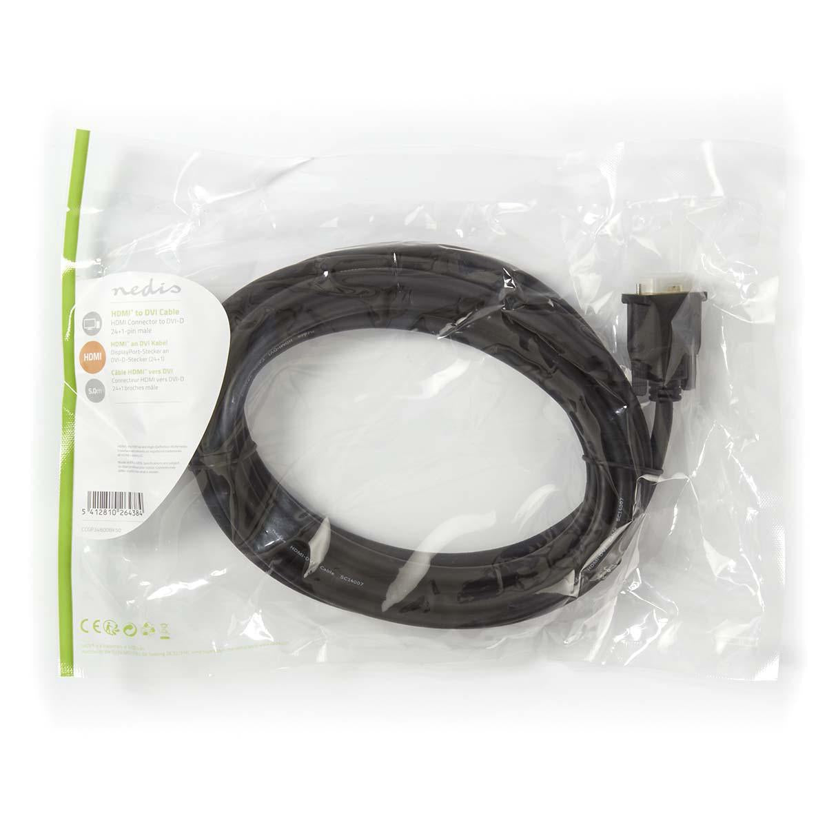 HDMI™ cable | HDMI™ Connector | DVI-D 24+1-Pin Male | 1080p | Nickel Plated | 5.00 m | Straight | PVC | Black | Plastic bag
