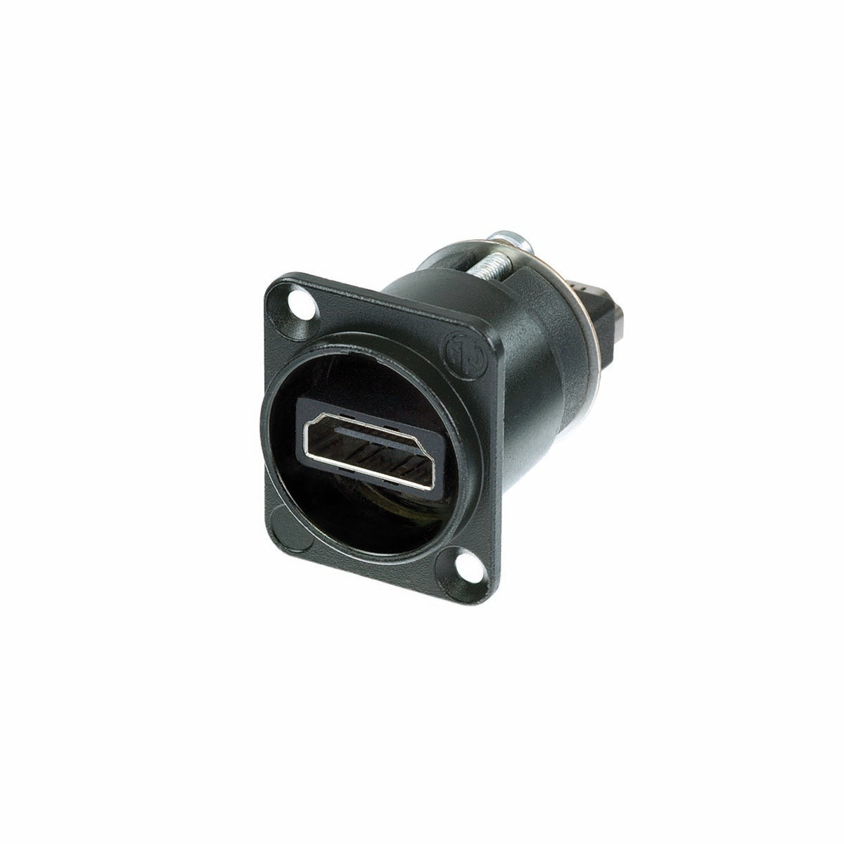 HDMI pass-through adapter, black D-shaped housing