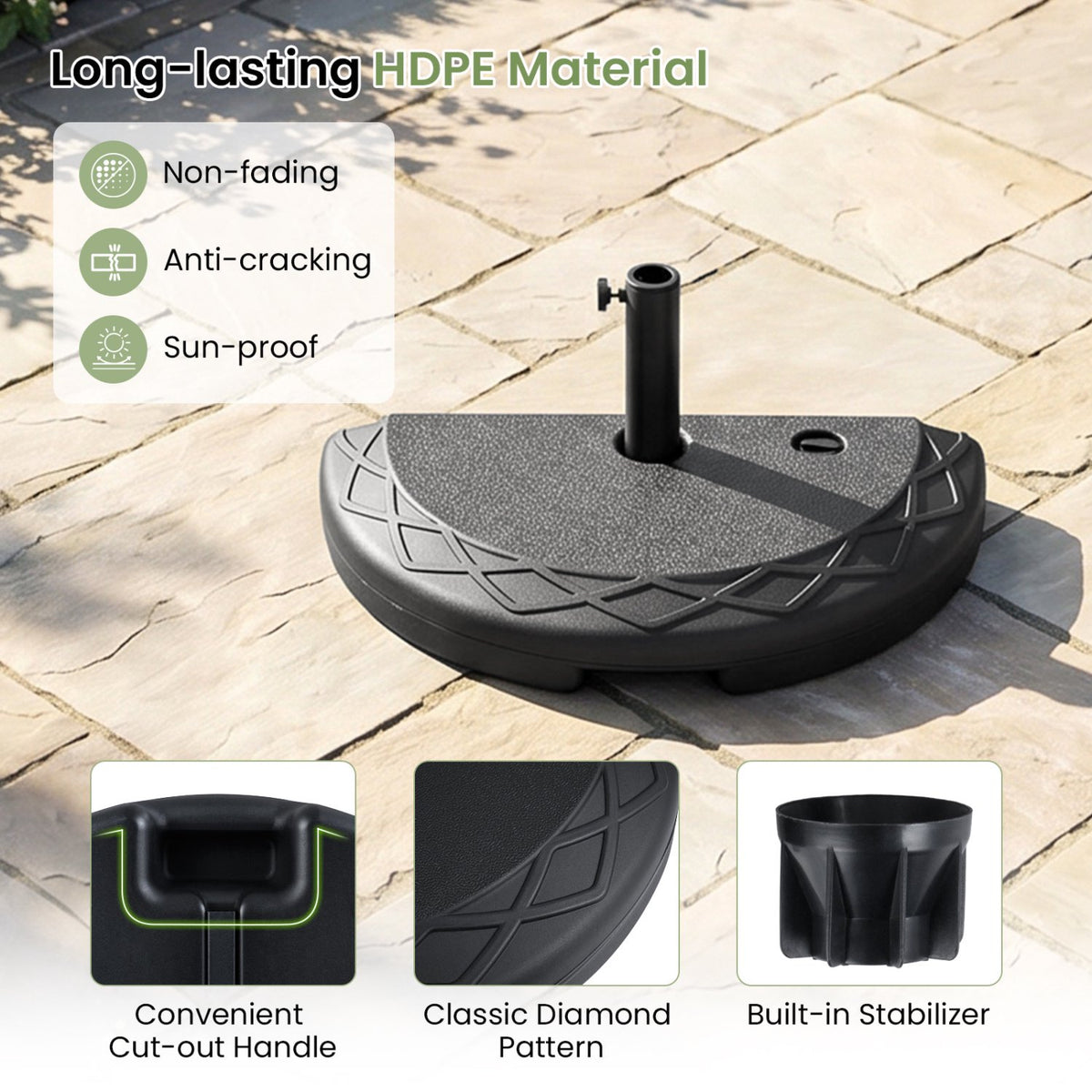 Half Round Patio Umbrella Base, 44 lbs Fillable, Black