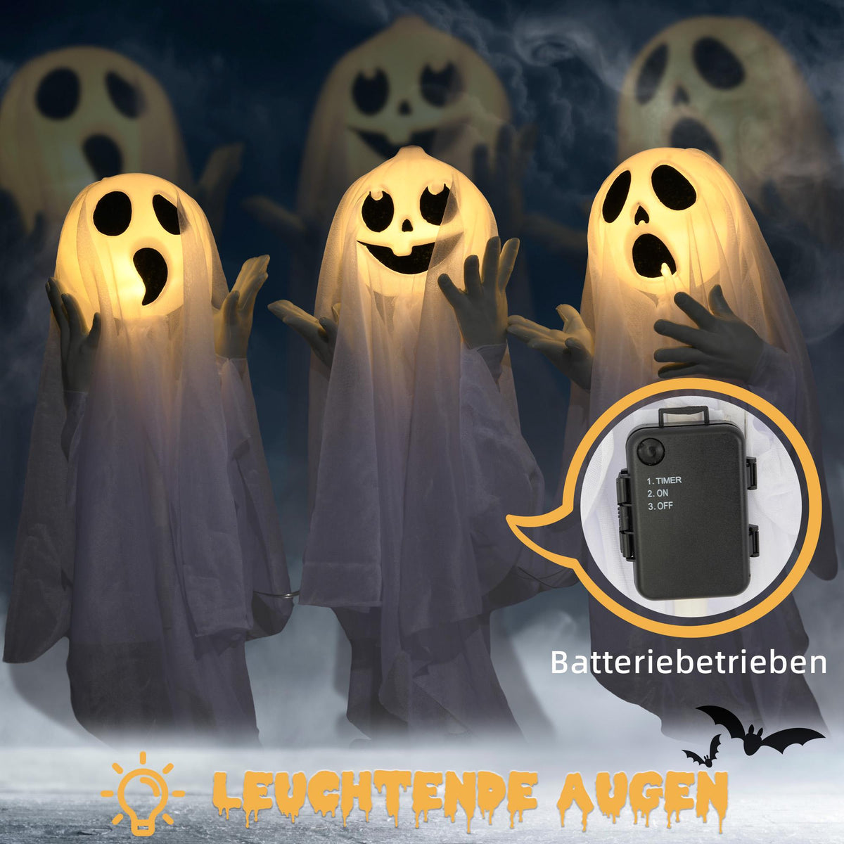 Halloween Decoration – 3 Light-Up Ghosts, Motion Sensor, 54x10x60 cm