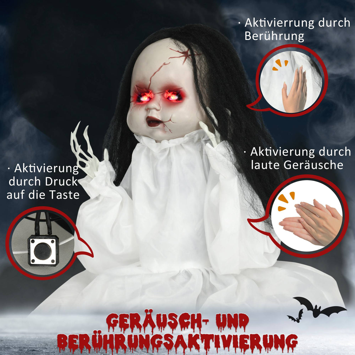 Halloween Horror Doll with LED Eyes, Sound & Motion Sensor, 60 cm