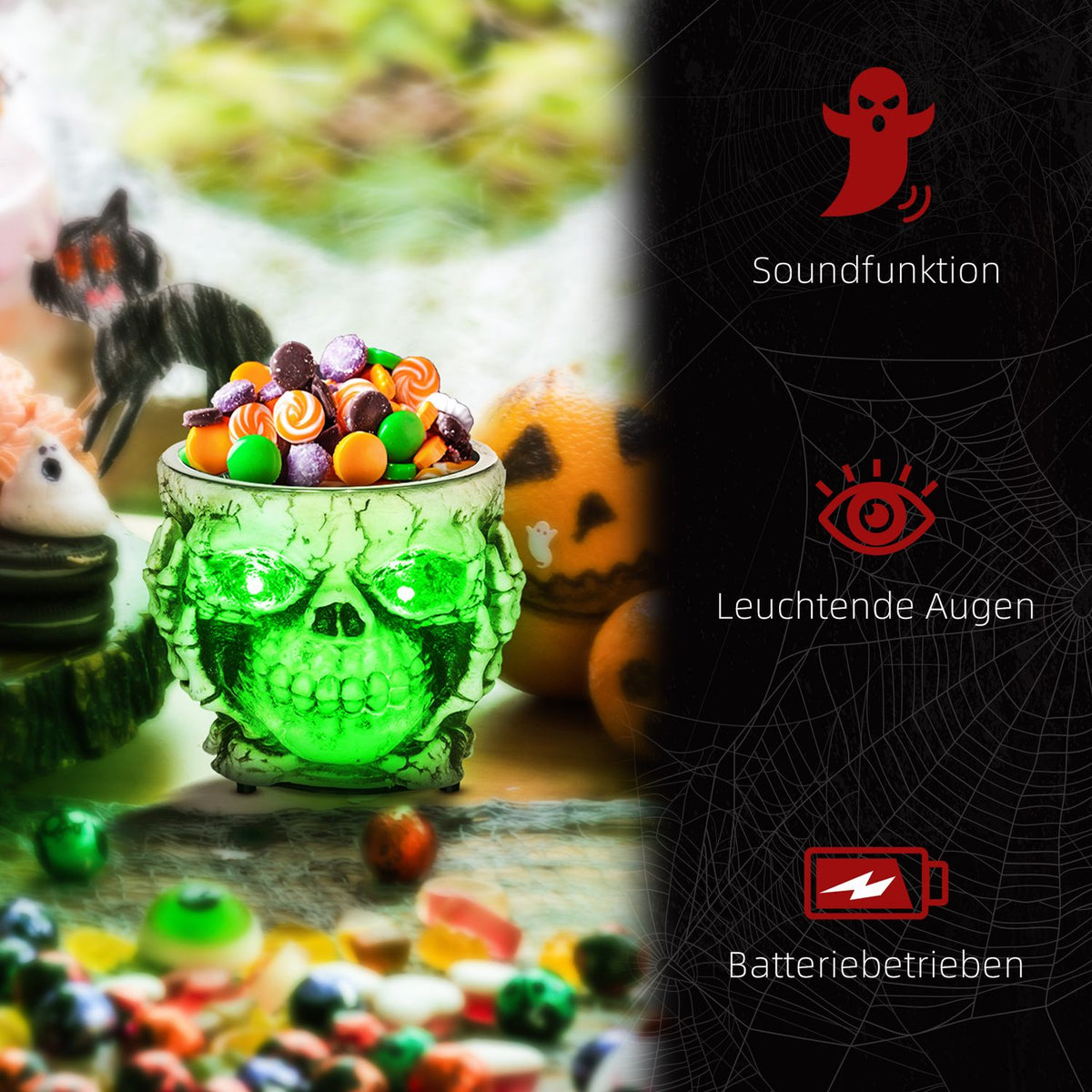 Halloween decoration garden skeleton electric with glowing eyes and spooky sound Ø16cm stainless steel for a spooky holiday atmosphere