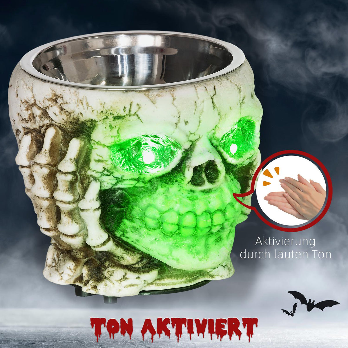Halloween decoration garden skeleton electric with glowing eyes and spooky sound Ø16cm stainless steel for a spooky holiday atmosphere