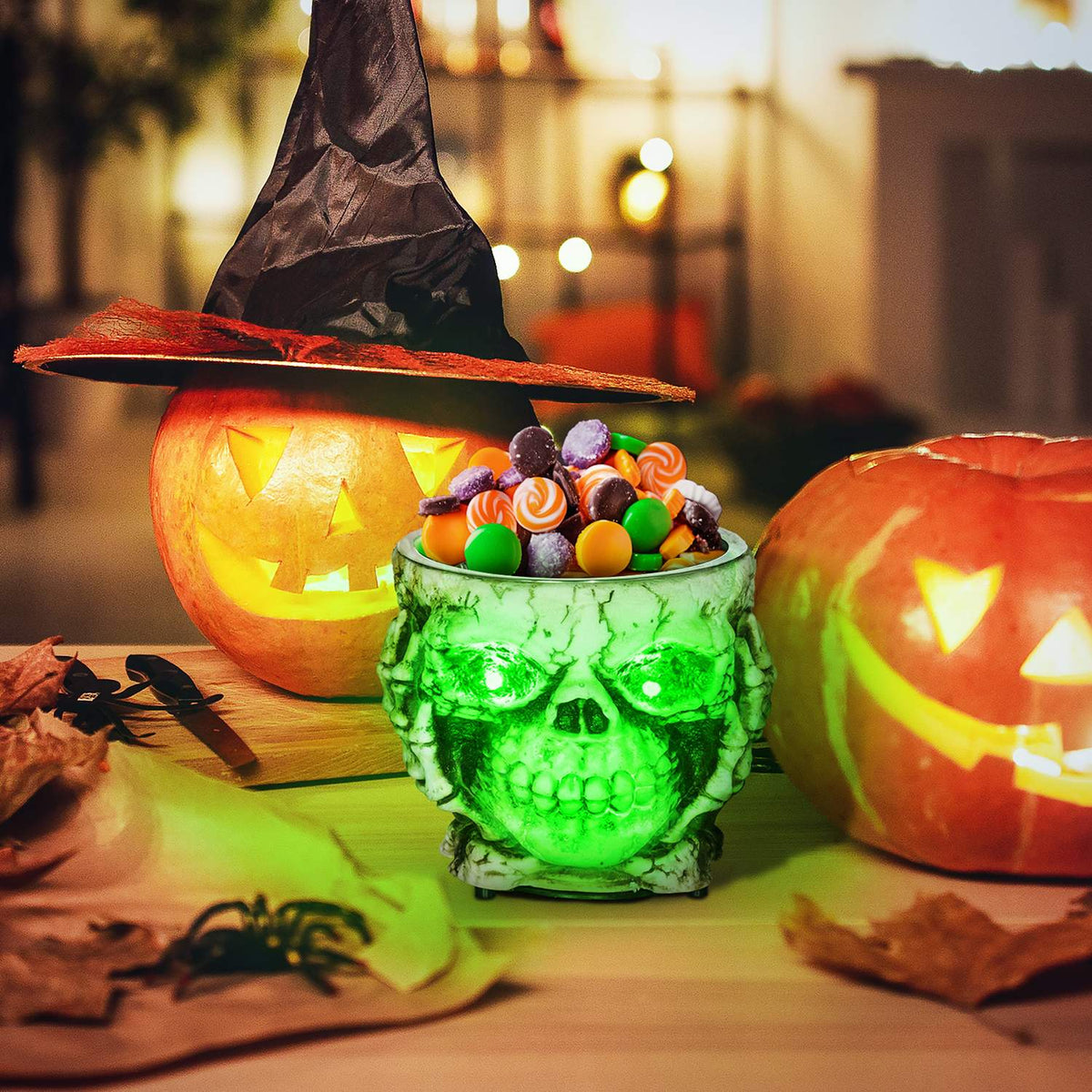 Halloween decoration garden skeleton electric with glowing eyes and spooky sound Ø16cm stainless steel for a spooky holiday atmosphere
