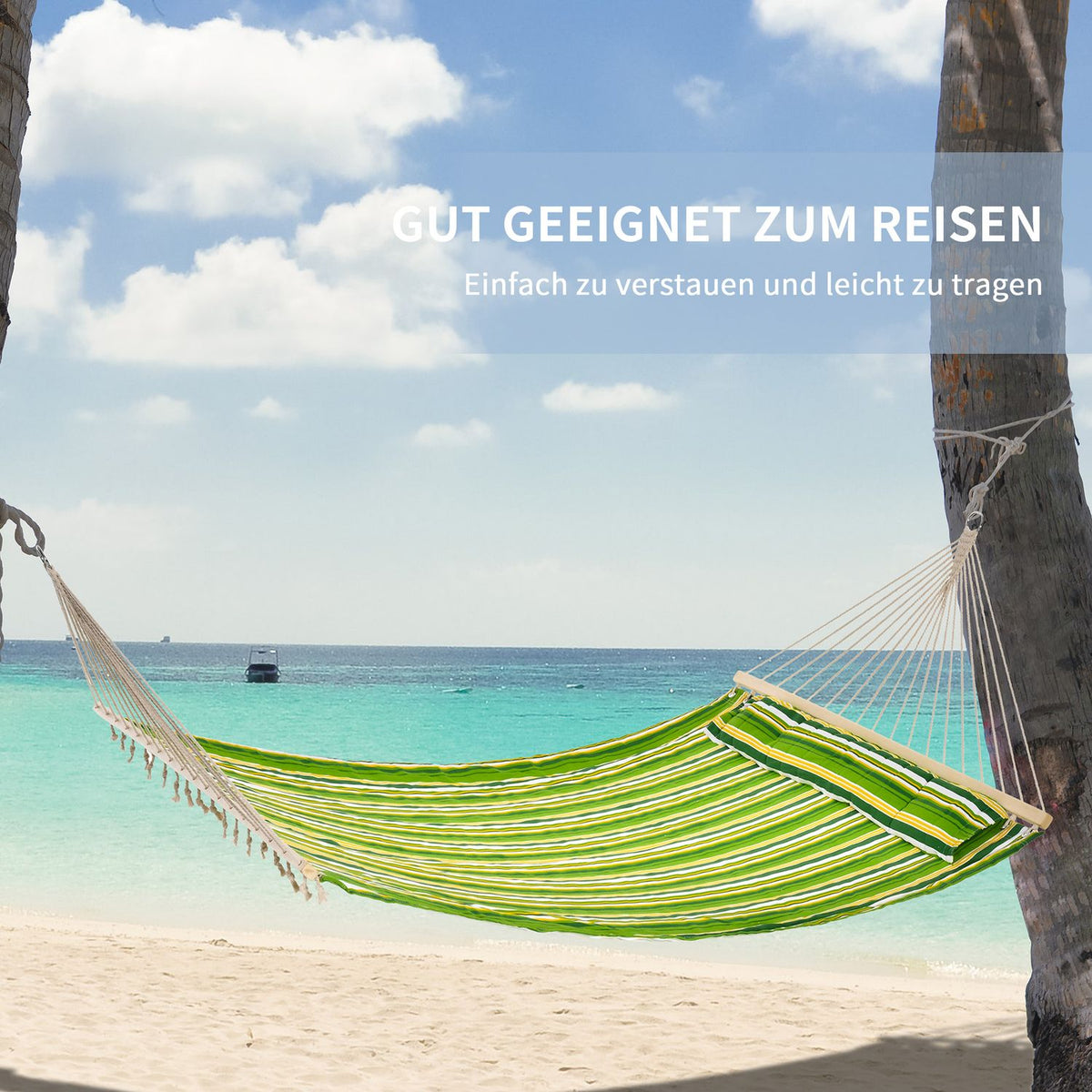 Hammock For 2 People With Pillow, Outdoor, Travel, Camping, 240G/㎡ Cotton, Up To 150 Kg, Green Striped, 188X140 Cm