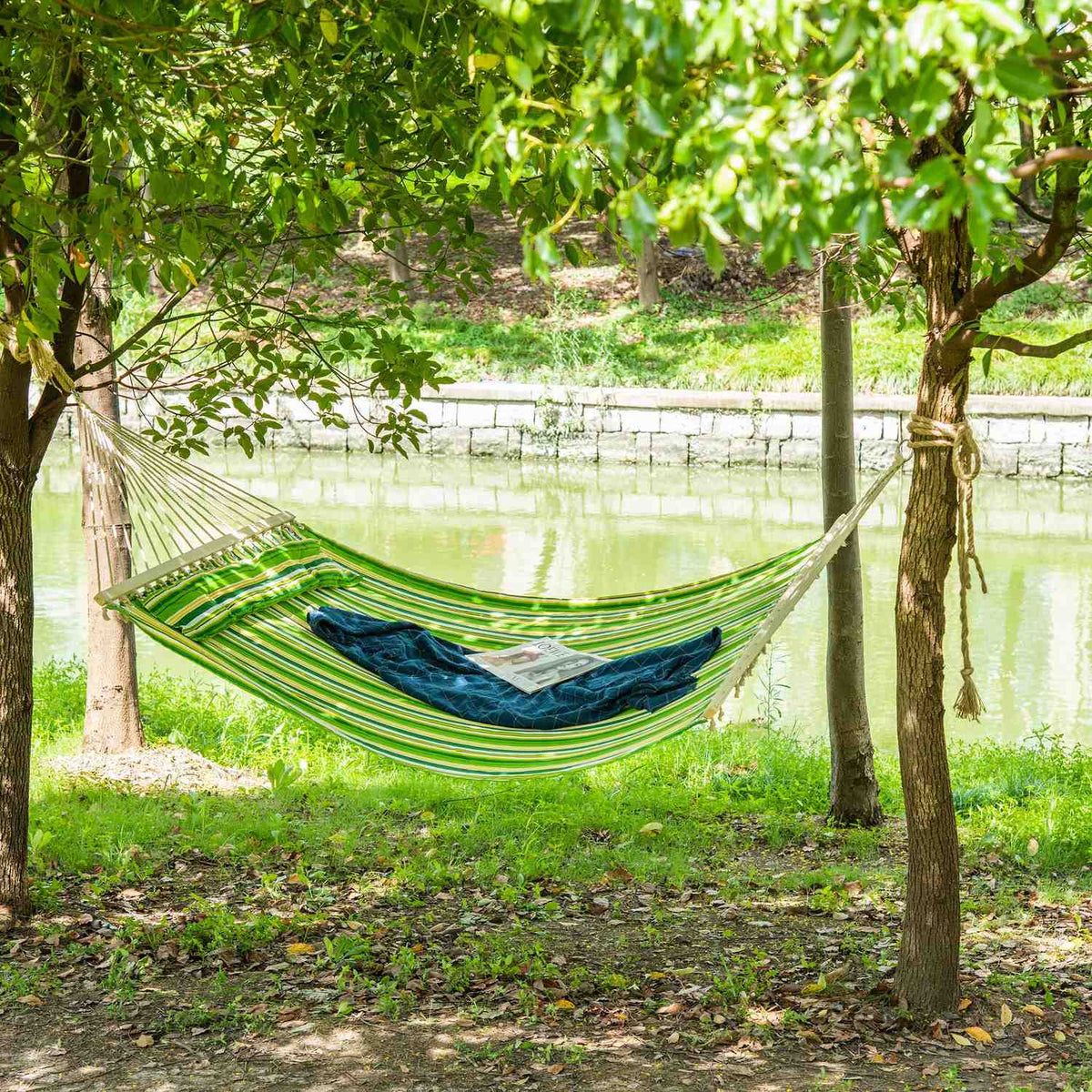 Hammock For 2 People With Pillow, Outdoor, Travel, Camping, 240G/㎡ Cotton, Up To 150 Kg, Green Striped, 188X140 Cm