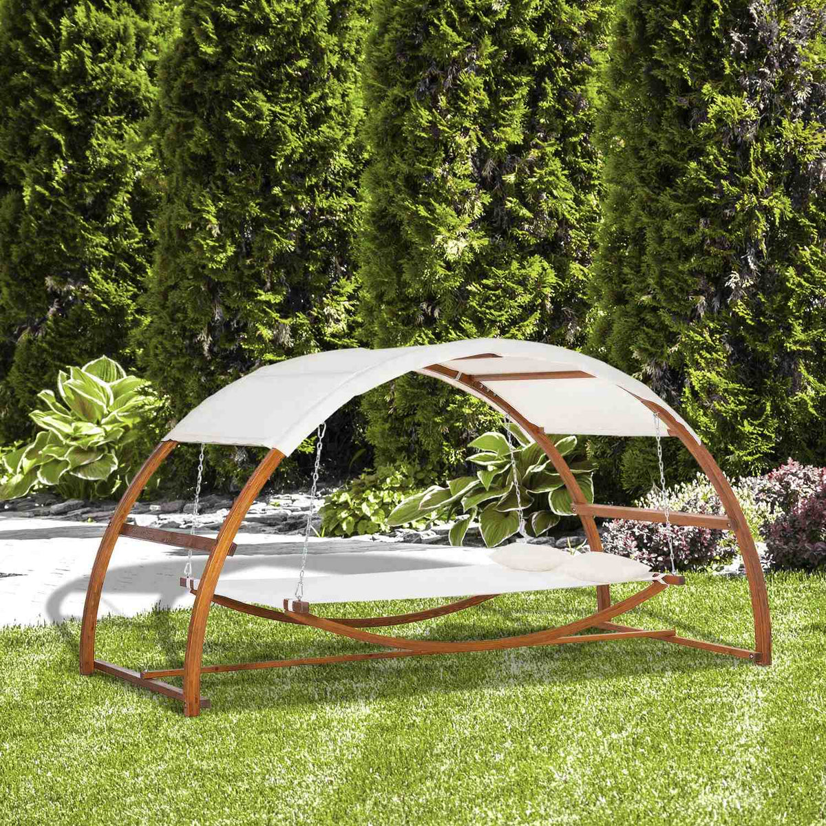 Hammock With Wooden Frame And Sun Canopy Hammock With 2 Pillows Rod Hammock Outdoor Indoor Cream White + Natural 322 X 160 X 173 Cm