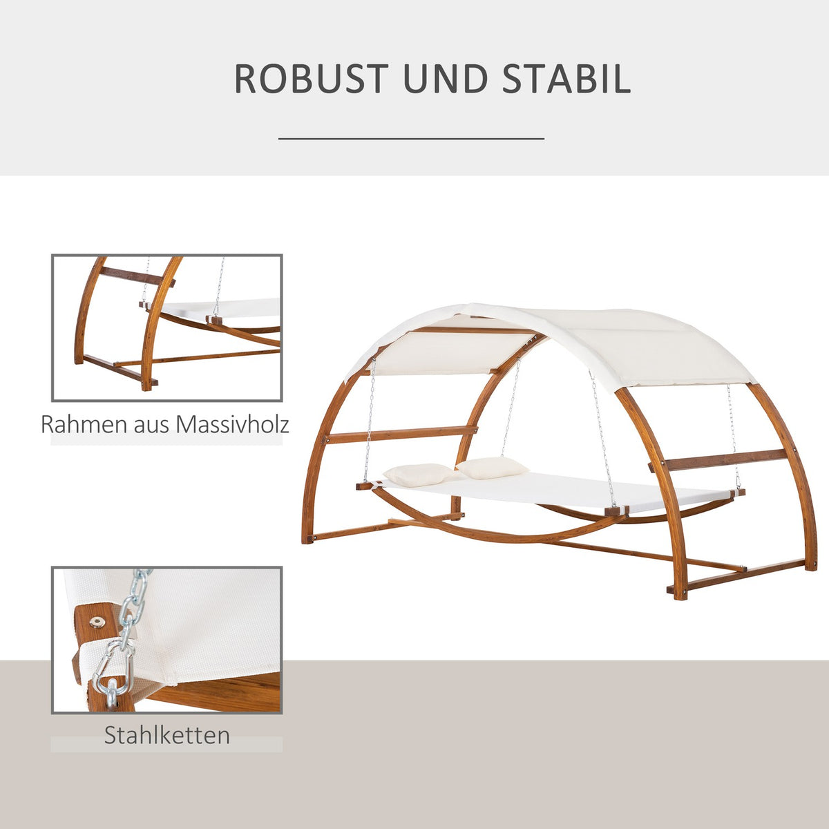 Hammock With Wooden Frame And Sun Canopy Hammock With 2 Pillows Rod Hammock Outdoor Indoor Cream White + Natural 322 X 160 X 173 Cm