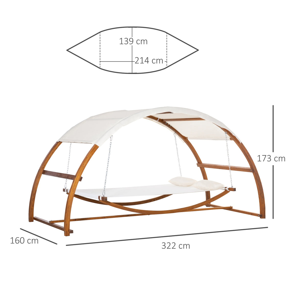 Hammock With Wooden Frame And Sun Canopy Hammock With 2 Pillows Rod Hammock Outdoor Indoor Cream White + Natural 322 X 160 X 173 Cm