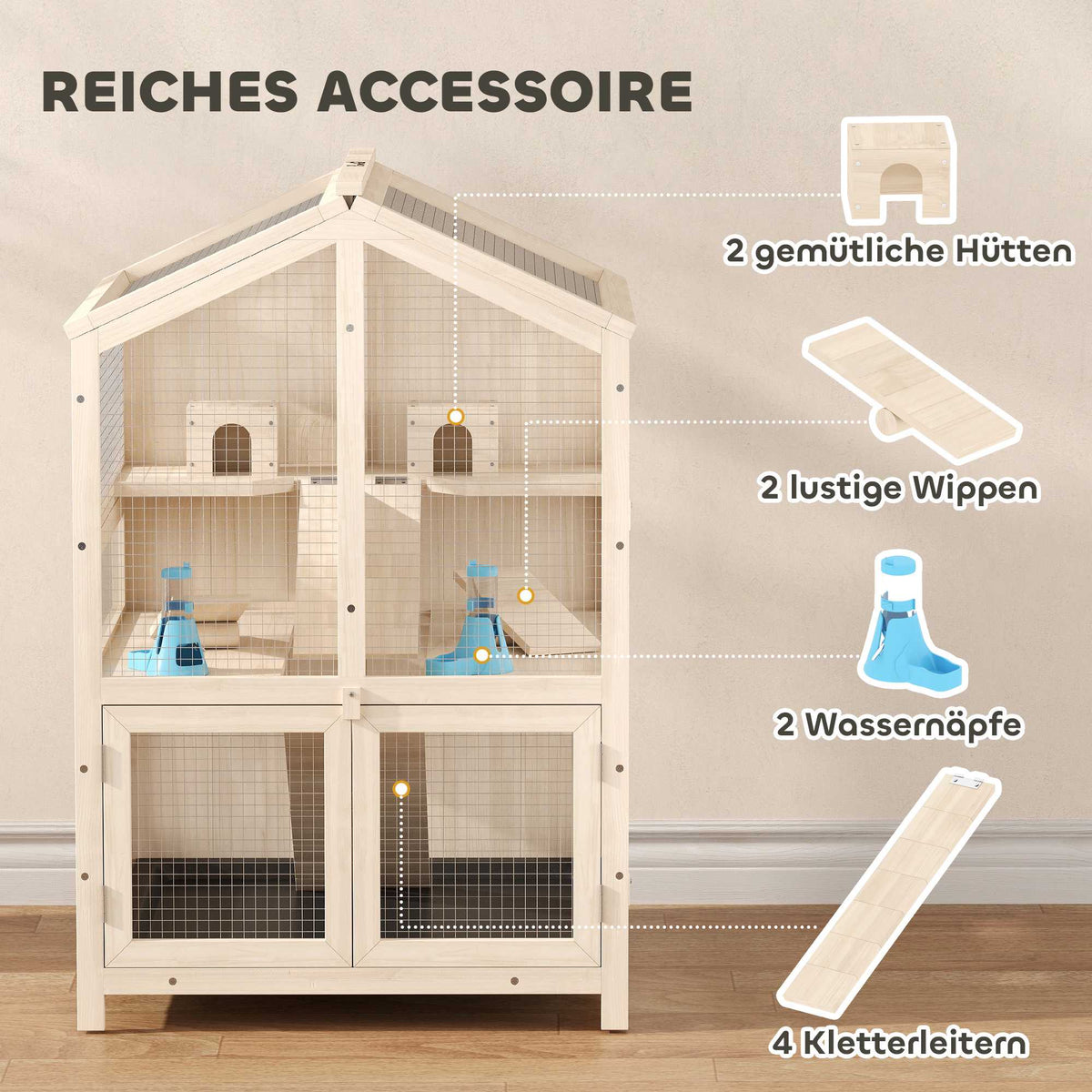 Hamster Cage, 3-Level Wood Habitat with Ramps, 68x61.5x90 cm