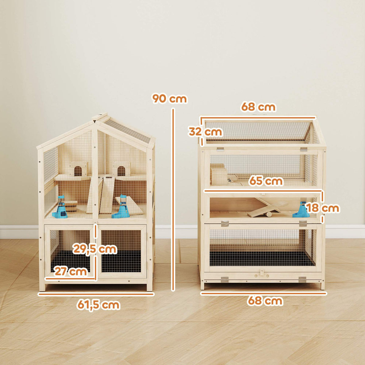 Hamster Cage, 3-Level Wood Habitat with Ramps, 68x61.5x90 cm