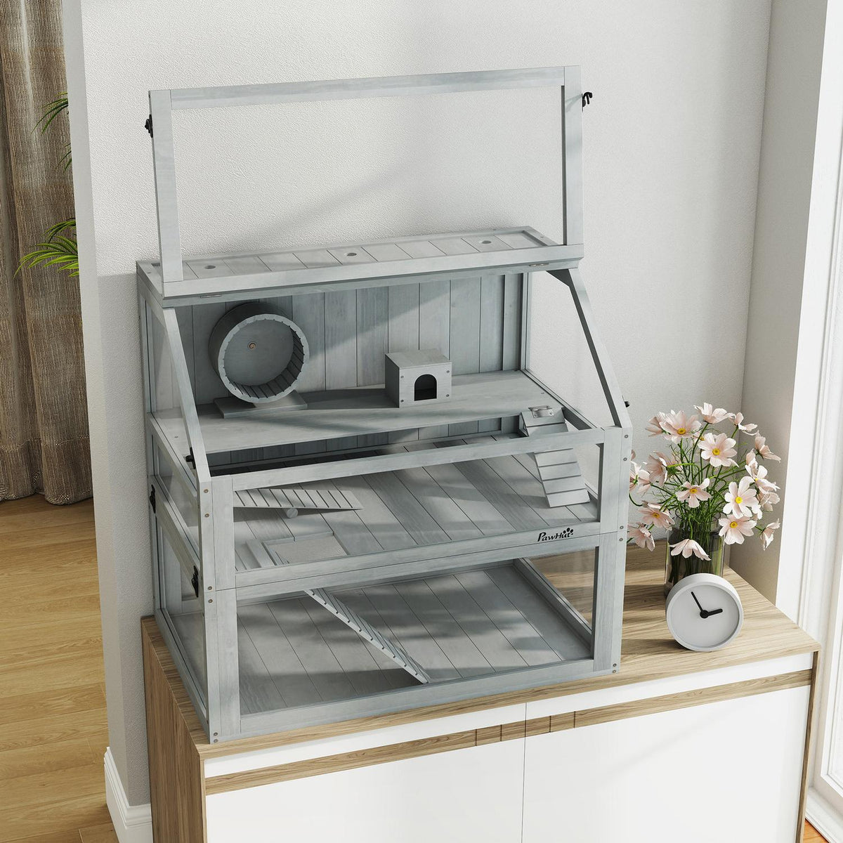 Hamster Cage, 3 Levels, Deep Base, 80x50x76cm, Light Gray