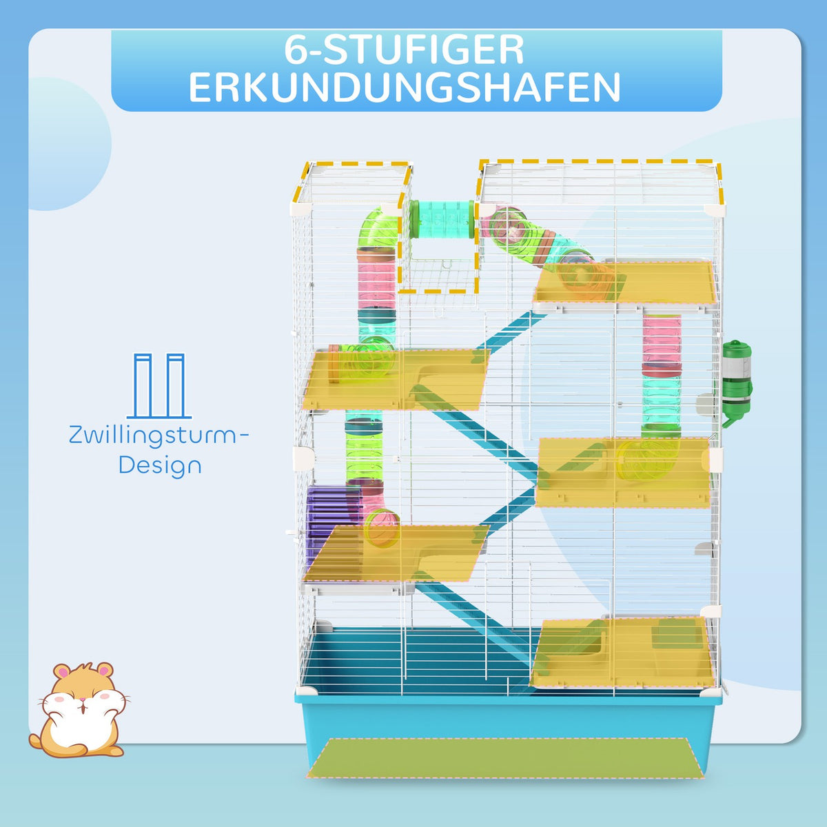 Hamster Cage, 6 Tier Small Animal Cage with Tubes, Tunnels, Hut, Wheel, Food Bowl, Water Bottle, Ramps, for Dwarf Hamsters and Gerbils, 58 x 36 x 81 cm Light Blue