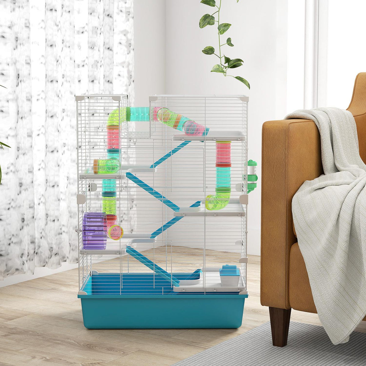 Hamster Cage, 6 Tier Small Animal Cage with Tubes, Tunnels, Hut, Wheel, Food Bowl, Water Bottle, Ramps, for Dwarf Hamsters and Gerbils, 58 x 36 x 81 cm Light Blue