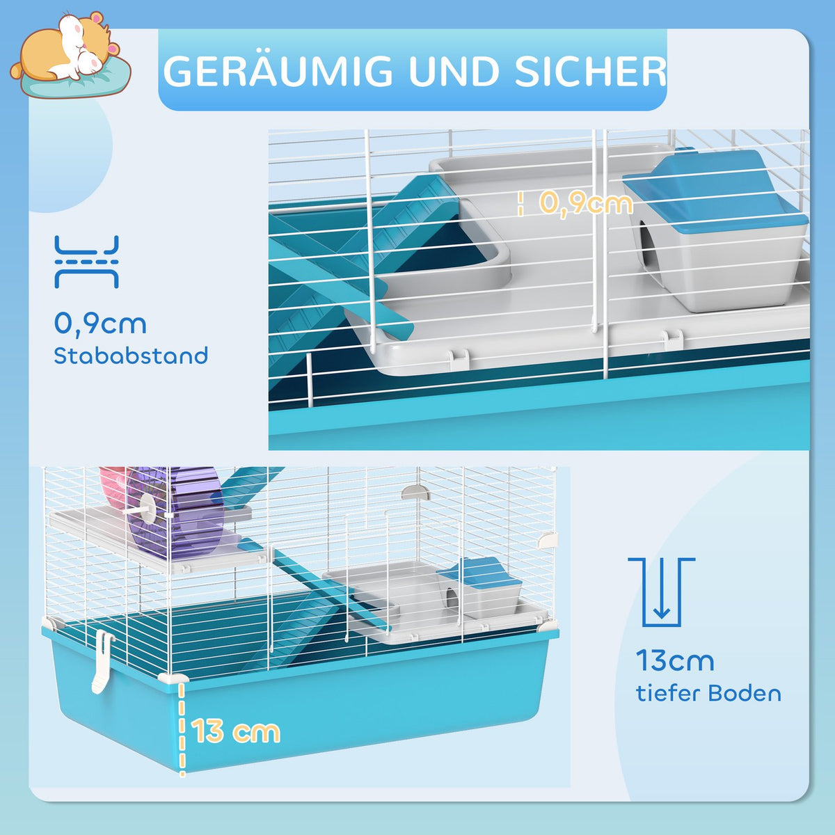 Hamster Cage, 6 Tier Small Animal Cage with Tubes, Tunnels, Hut, Wheel, Food Bowl, Water Bottle, Ramps, for Dwarf Hamsters and Gerbils, 58 x 36 x 81 cm Light Blue
