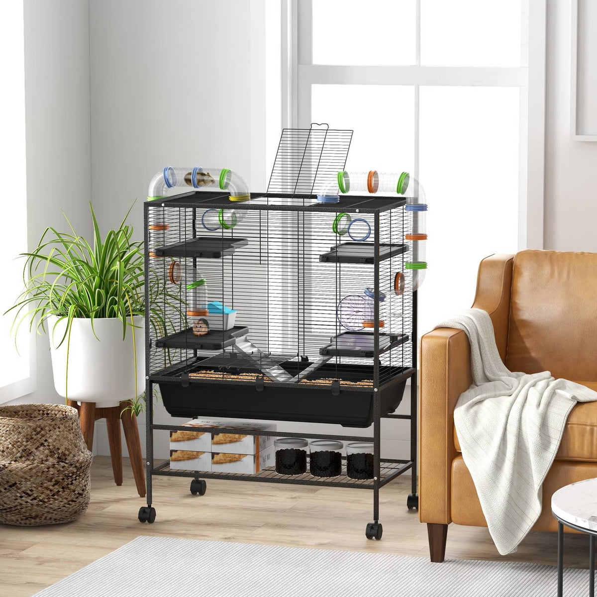 Hamster Cage Rodent Cage with Wheels, Tubes, Shelf, Ramps, Wheel, Food Bowl, Water Bottle, Guinea Pig Cage for Gerbils, Syrian Hamsters, Black