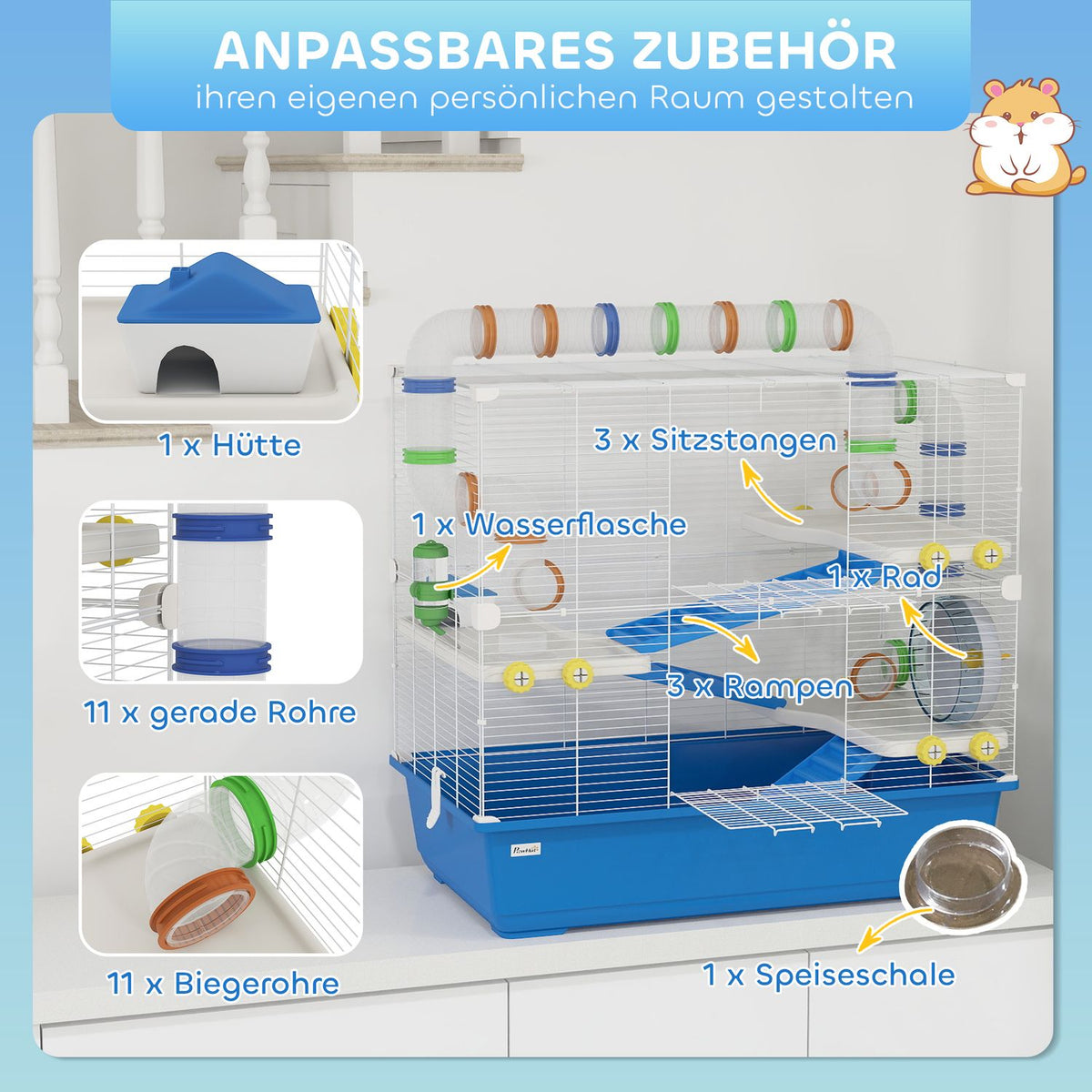 Hamster Cage for Dwarf Hamsters 4 Tier Rodent Cage Small Animal Cage with Wheel Feeding Bowl and Accessories Large Mouse Cage 78 x 45 x 73 cm Blue