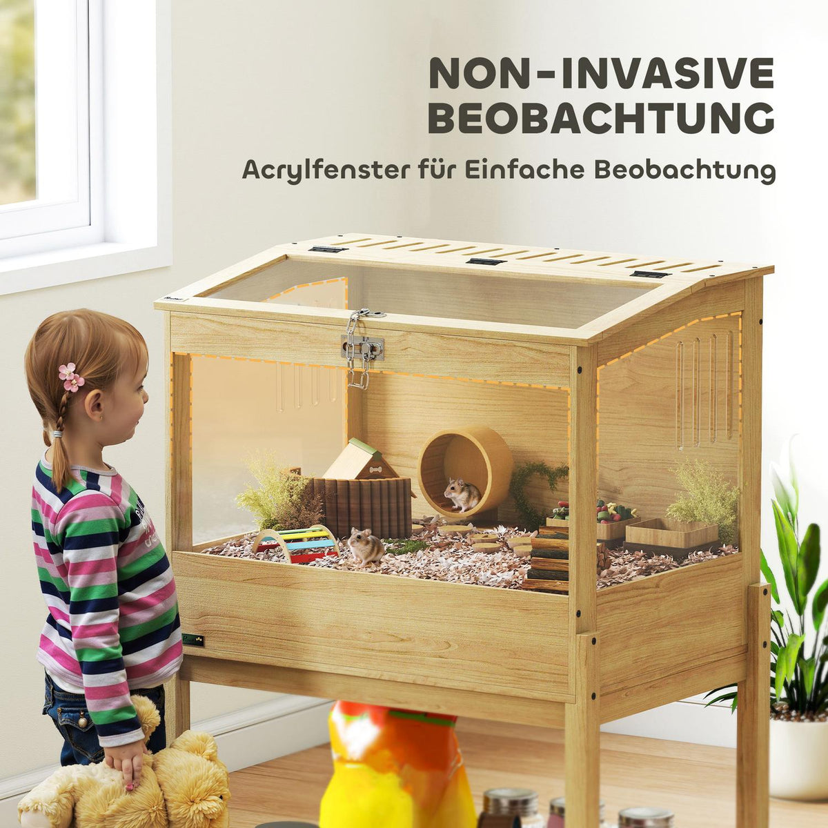 Hamster cage 2 levels rodent cage small animal cage with hinged lid, large 83.2 x 50 x 103 cm natural wood