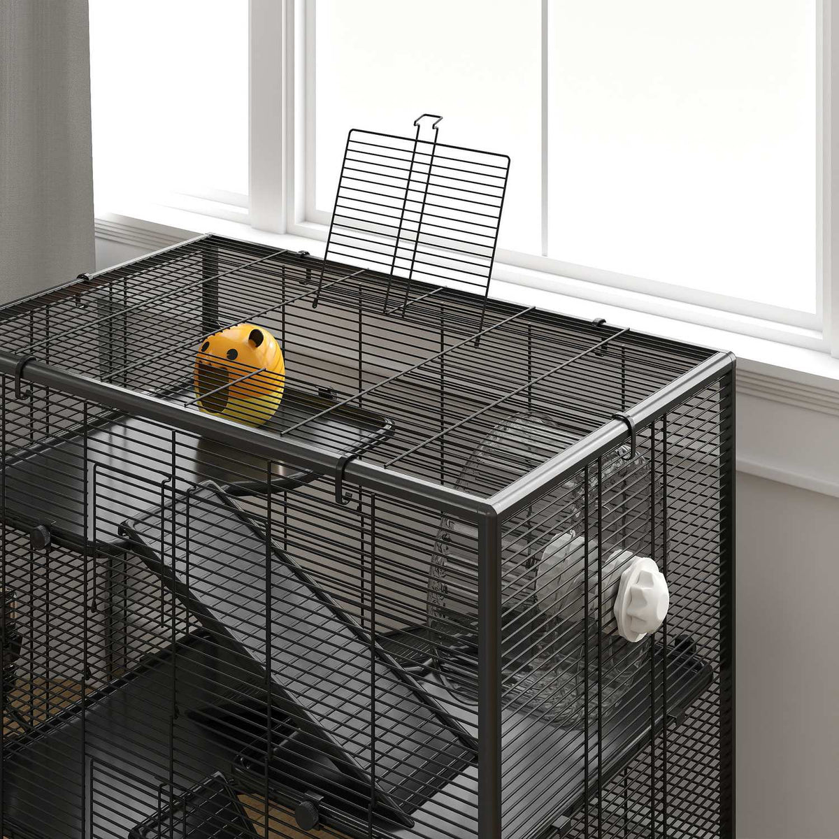 Hamster cage for dwarf hamsters, 4-tier rodent cage with glass bottom, hut, balance wheel, ramps, food bowl, small animal cage dwarf hamster cage 78.5 x 48.5 x 80 cm black