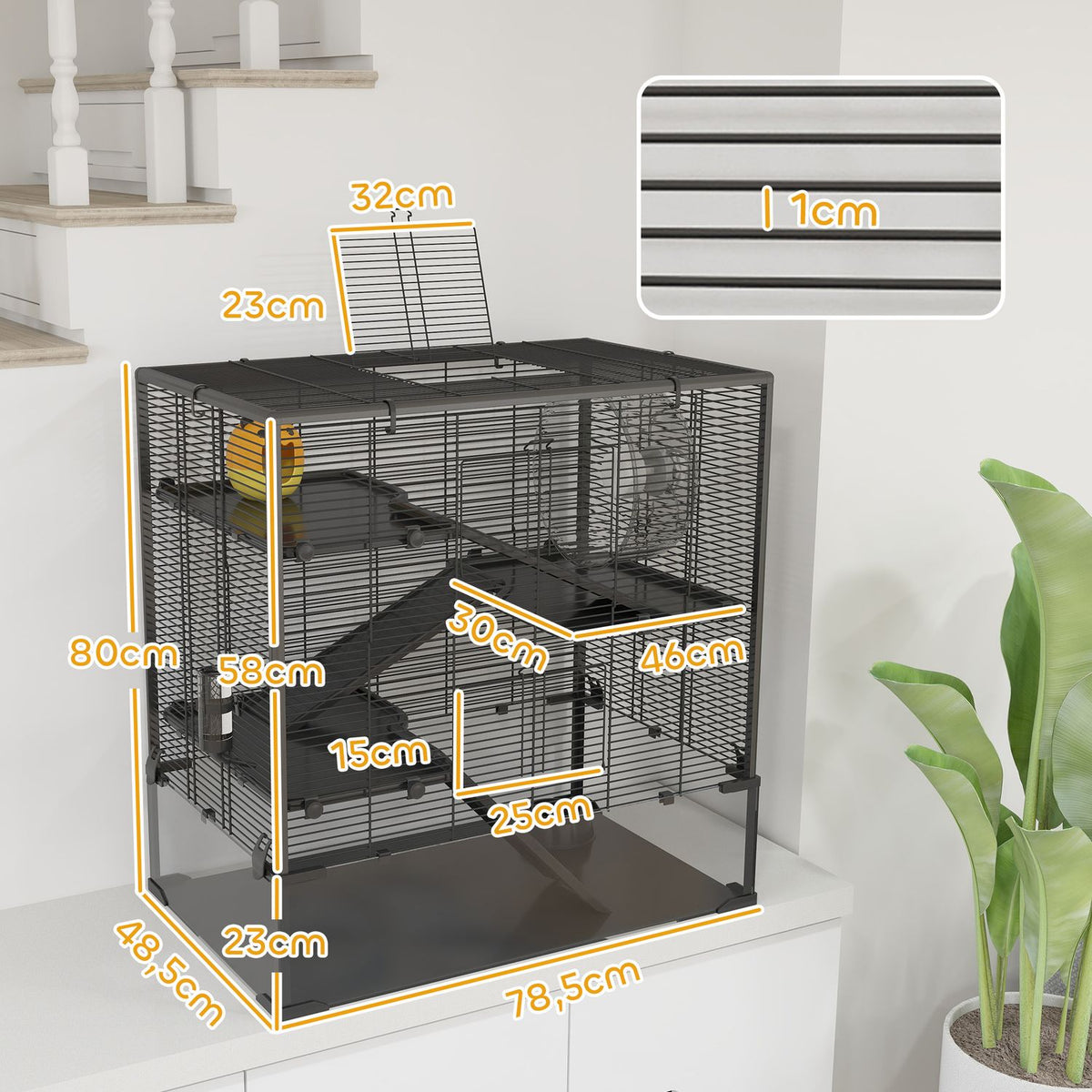 Hamster cage for dwarf hamsters, 4-tier rodent cage with glass bottom, hut, balance wheel, ramps, food bowl, small animal cage dwarf hamster cage 78.5 x 48.5 x 80 cm black