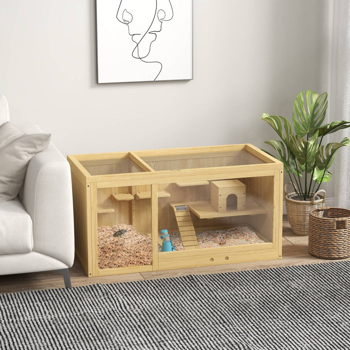 Hamster cage wooden small animal stable, playhouse for gerbils, with swings, ladders, opening roof, hut, 100cm, natural