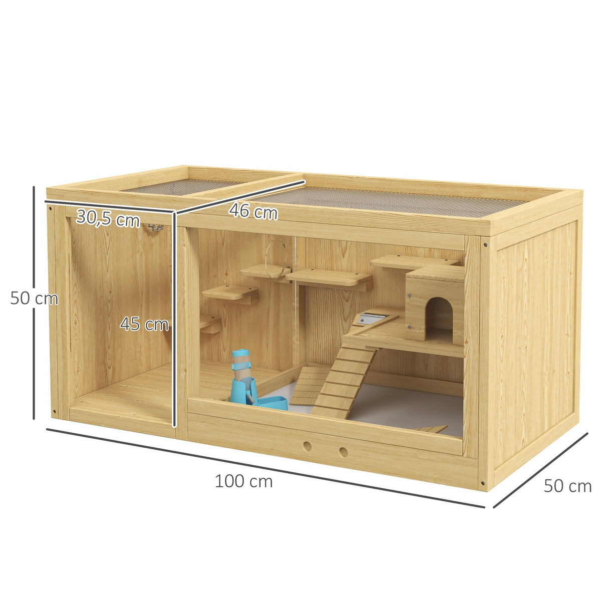 Hamster cage wooden small animal stable, playhouse for gerbils, with swings, ladders, opening roof, hut, 100cm, natural