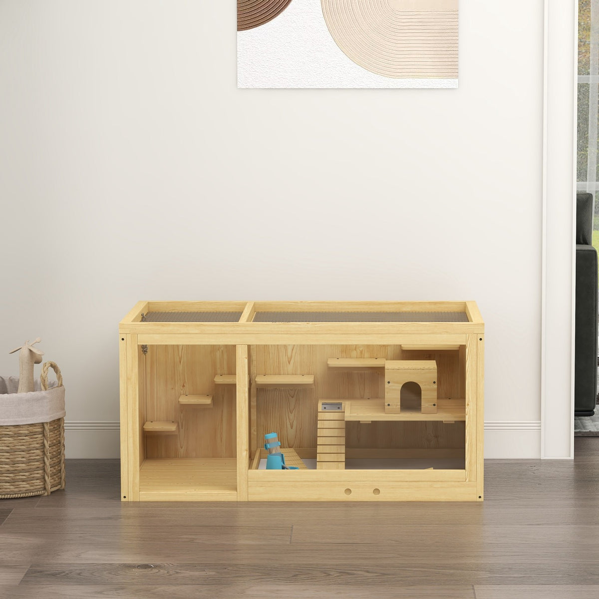 Hamster cage wooden small animal stable, playhouse for gerbils, with swings, ladders, opening roof, hut, 100cm, natural