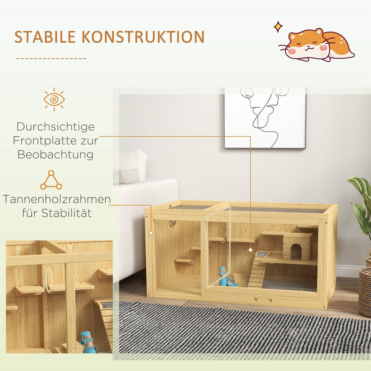 Hamster cage wooden small animal stable, playhouse for gerbils, with swings, ladders, opening roof, hut, 100cm, natural
