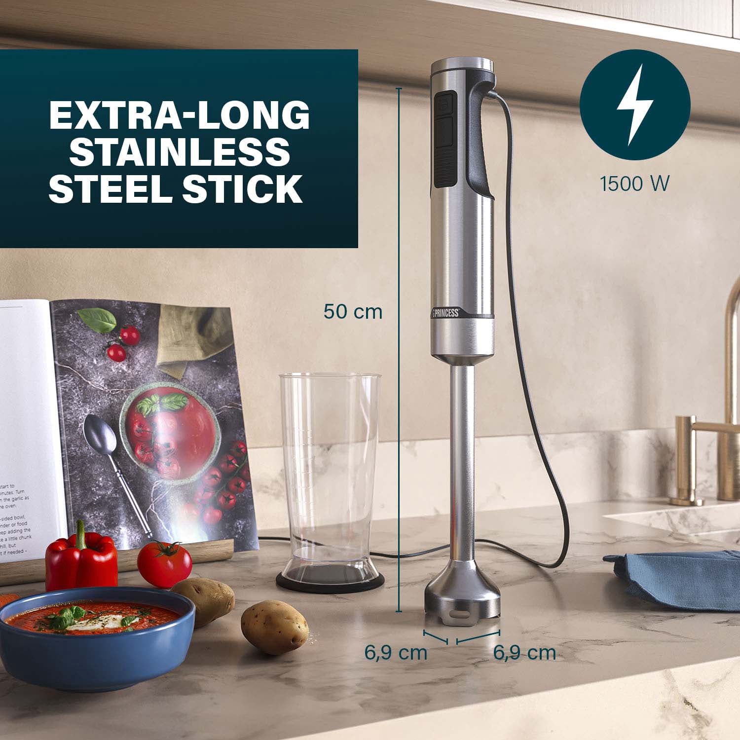 Hand Blender 1500W – Stainless Steel, 50cm Shaft