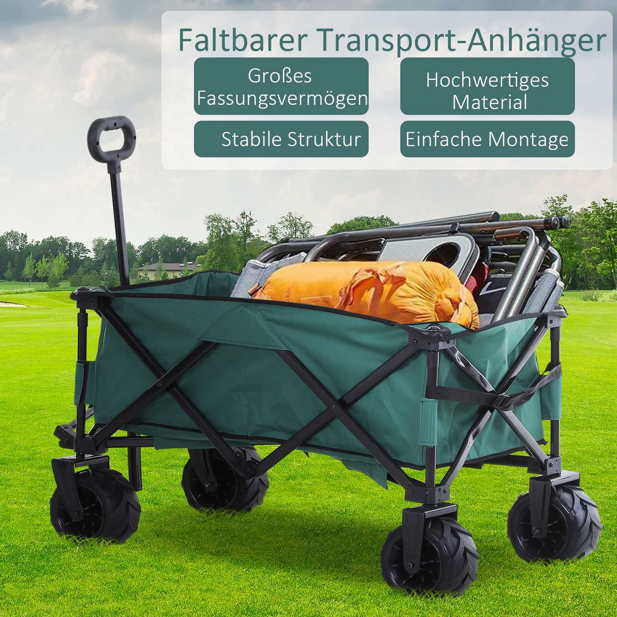 Handcart Foldable Handcart 360° Garden Cart Telescopic Handle Adjustable Up To 20Kg Metal Oxford Green 108X55X59-89Cm