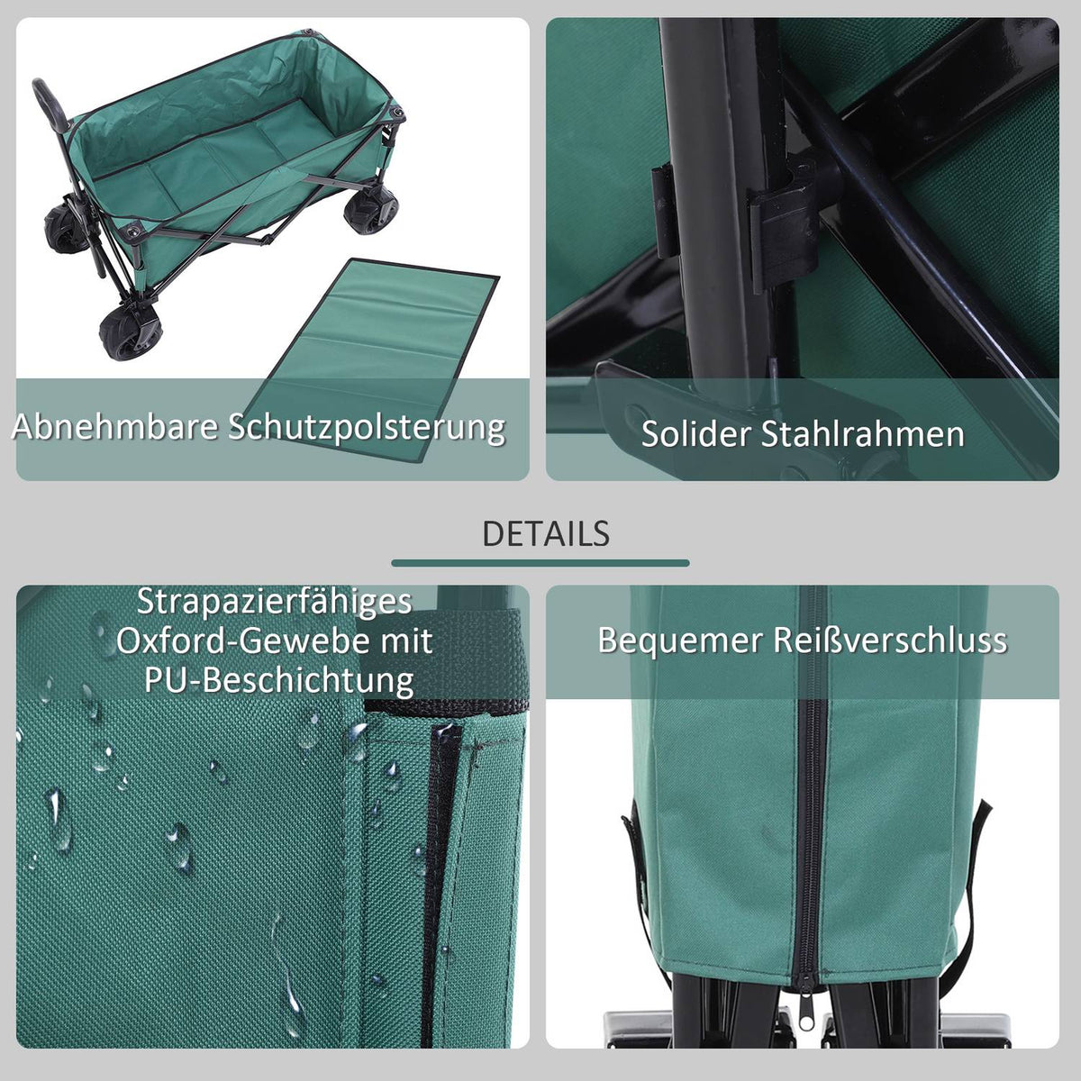 Handcart Foldable Handcart 360° Garden Cart Telescopic Handle Adjustable Up To 20Kg Metal Oxford Green 108X55X59-89Cm