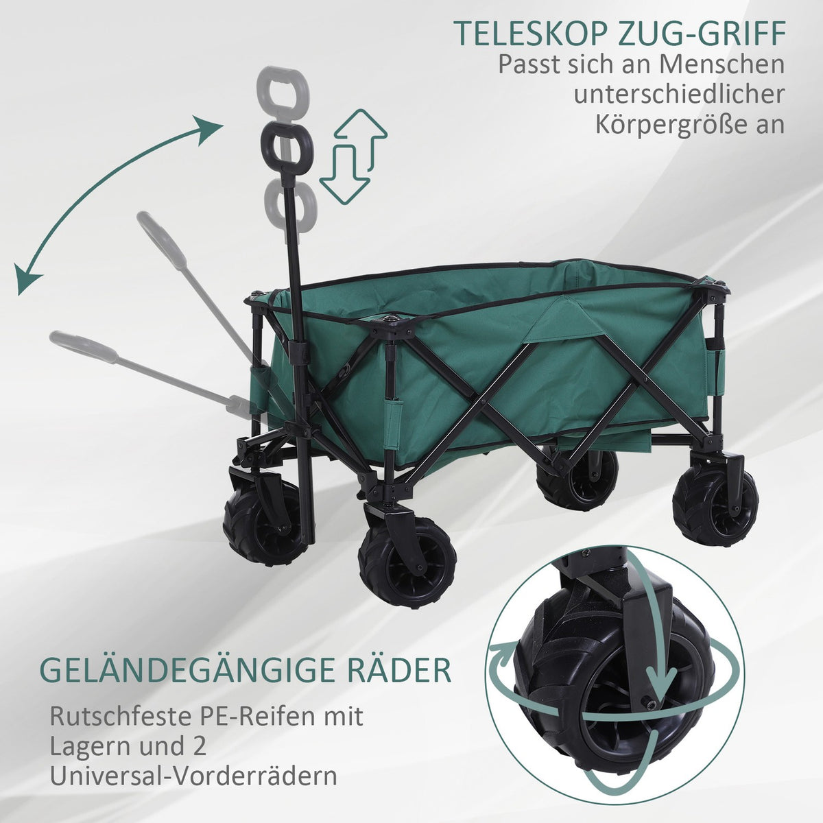 Handcart Foldable Handcart 360° Garden Cart Telescopic Handle Adjustable Up To 20Kg Metal Oxford Green 108X55X59-89Cm