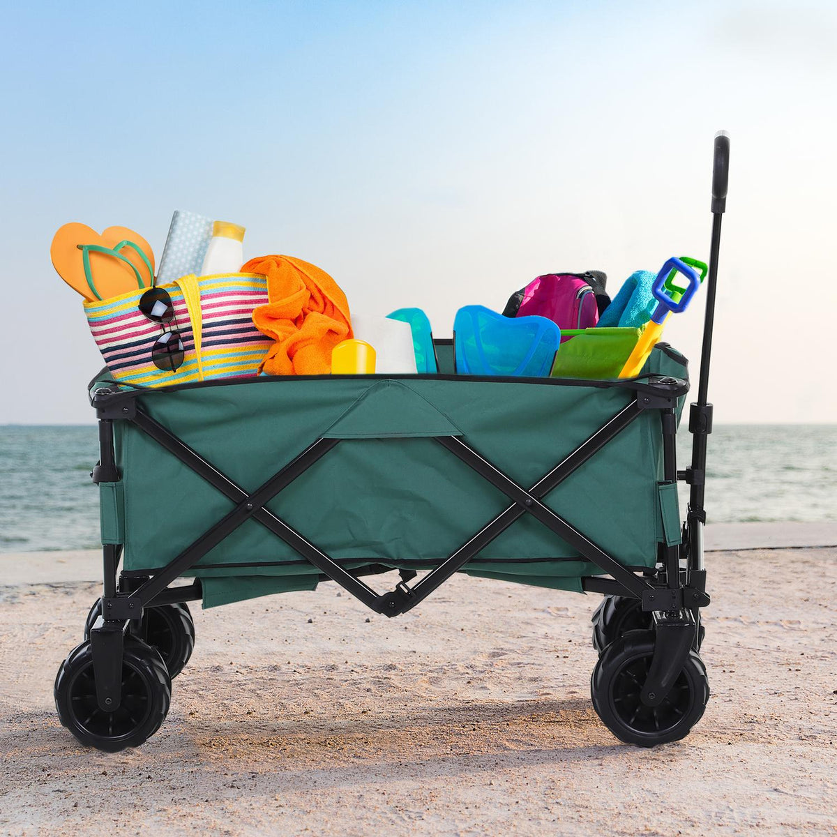 Handcart Foldable Handcart 360° Garden Cart Telescopic Handle Adjustable Up To 20Kg Metal Oxford Green 108X55X59-89Cm