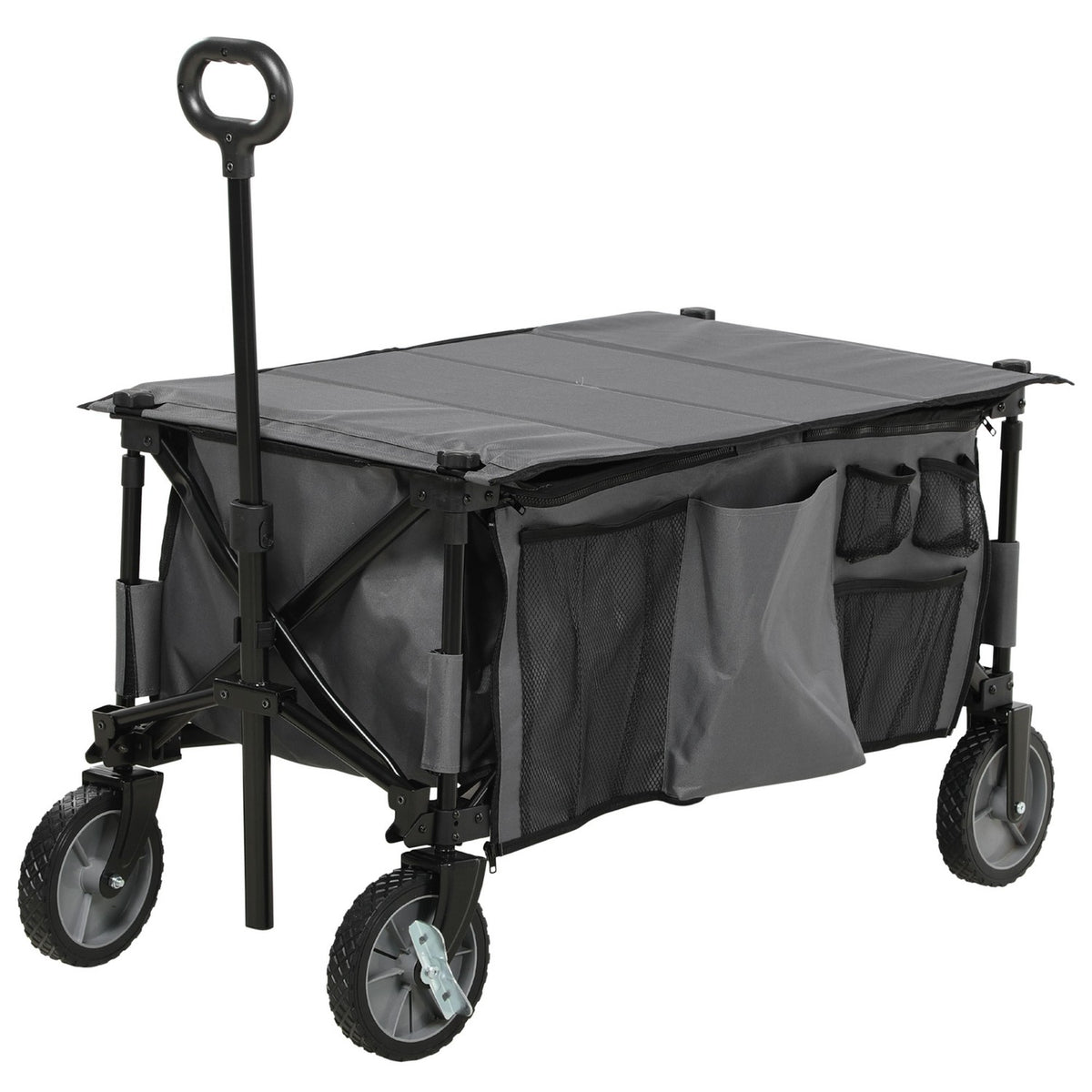 Handcart, Foldable Transport Trolley With Adjustable Handle, Garden Trolley With Side Pockets And Folding Board, Load Capacity Up To 120 Kg, Dark Grey