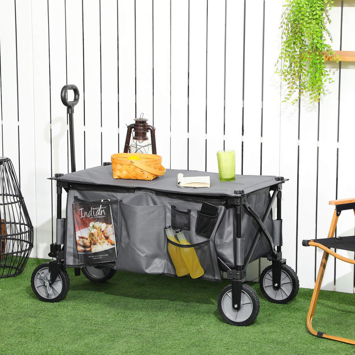 Handcart, Foldable Transport Trolley With Adjustable Handle, Garden Trolley With Side Pockets And Folding Board, Load Capacity Up To 120 Kg, Dark Grey