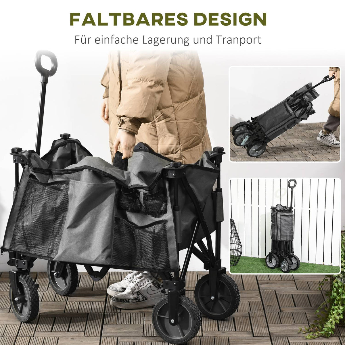 Handcart, Foldable Transport Trolley With Adjustable Handle, Garden Trolley With Side Pockets And Folding Board, Load Capacity Up To 120 Kg, Dark Grey
