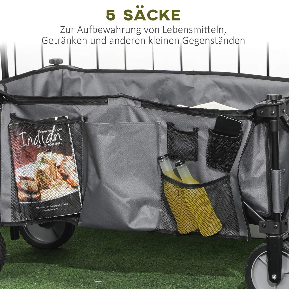 Handcart, Foldable Transport Trolley With Adjustable Handle, Garden Trolley With Side Pockets And Folding Board, Load Capacity Up To 120 Kg, Dark Grey