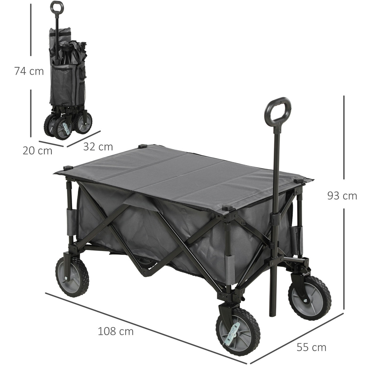 Handcart, Foldable Transport Trolley With Adjustable Handle, Garden Trolley With Side Pockets And Folding Board, Load Capacity Up To 120 Kg, Dark Grey
