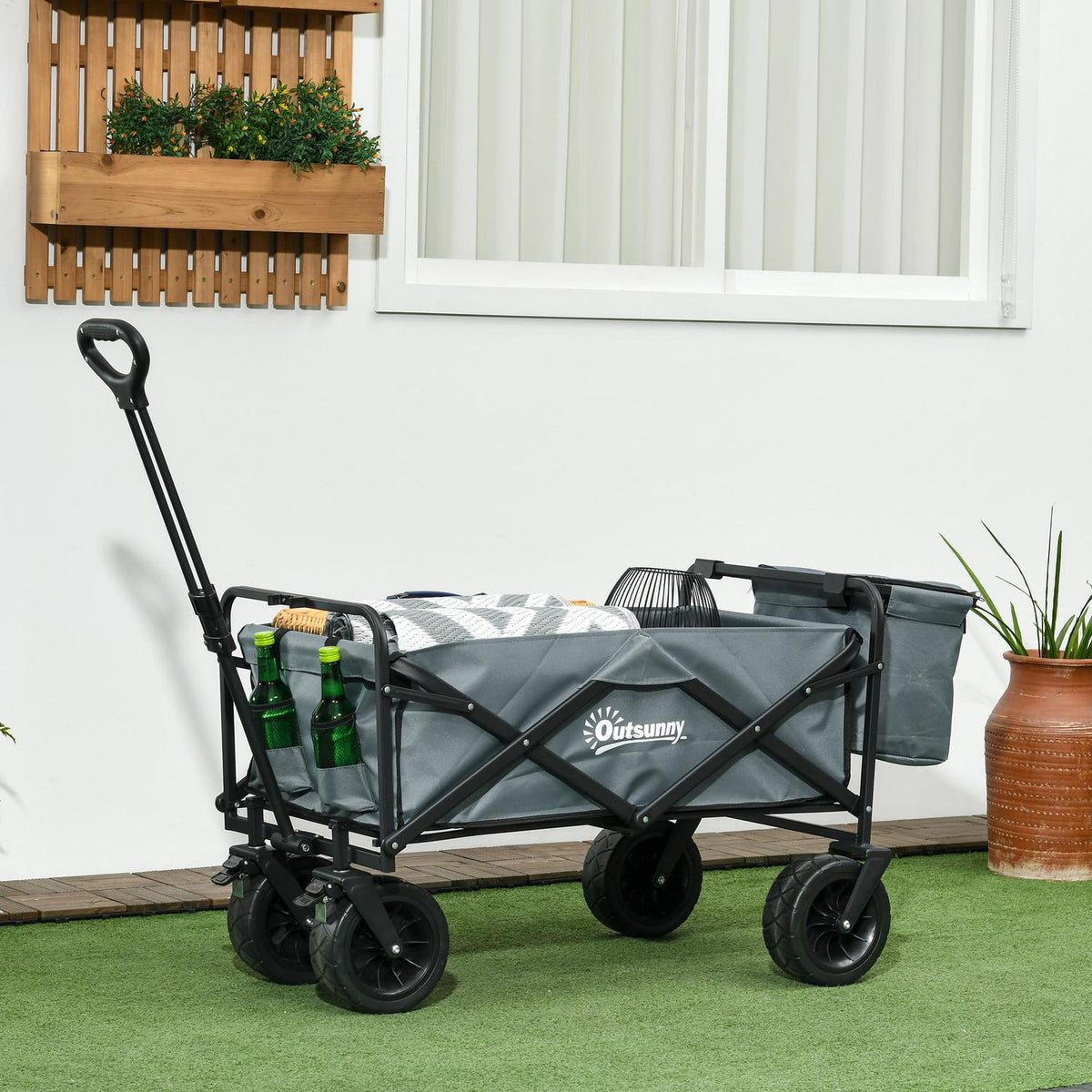 Handcart Foldable Transport Trolley With Cooler Bag, Beach Trolley With Extendable Handle, Holds Up To 120 Kg