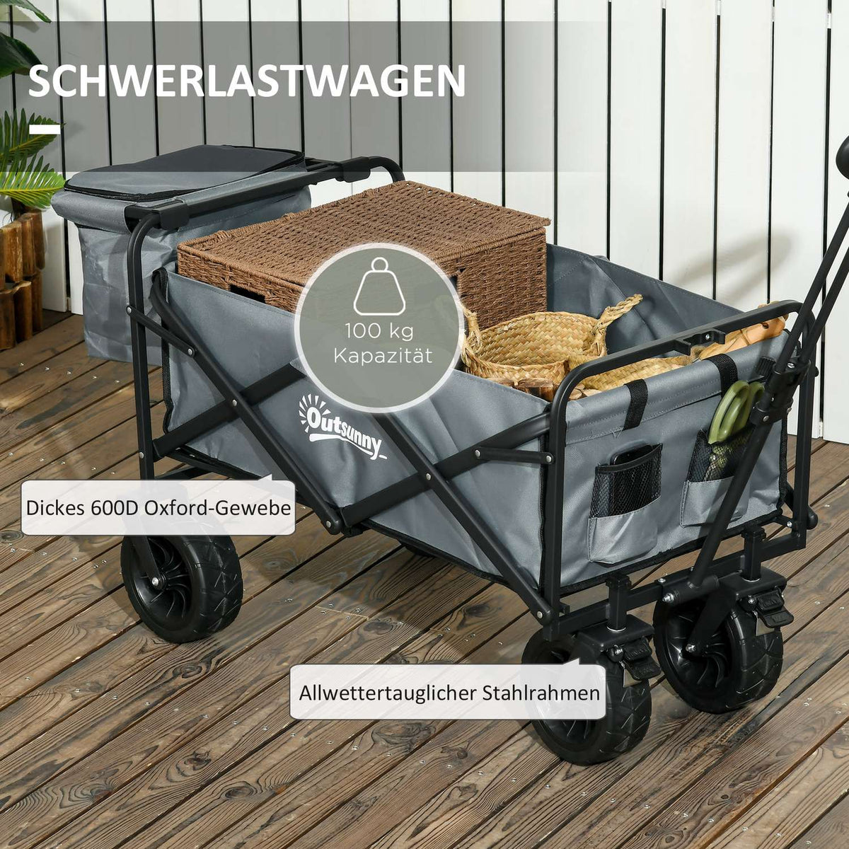 Handcart Foldable Transport Trolley With Cooler Bag, Beach Trolley With Extendable Handle, Holds Up To 120 Kg