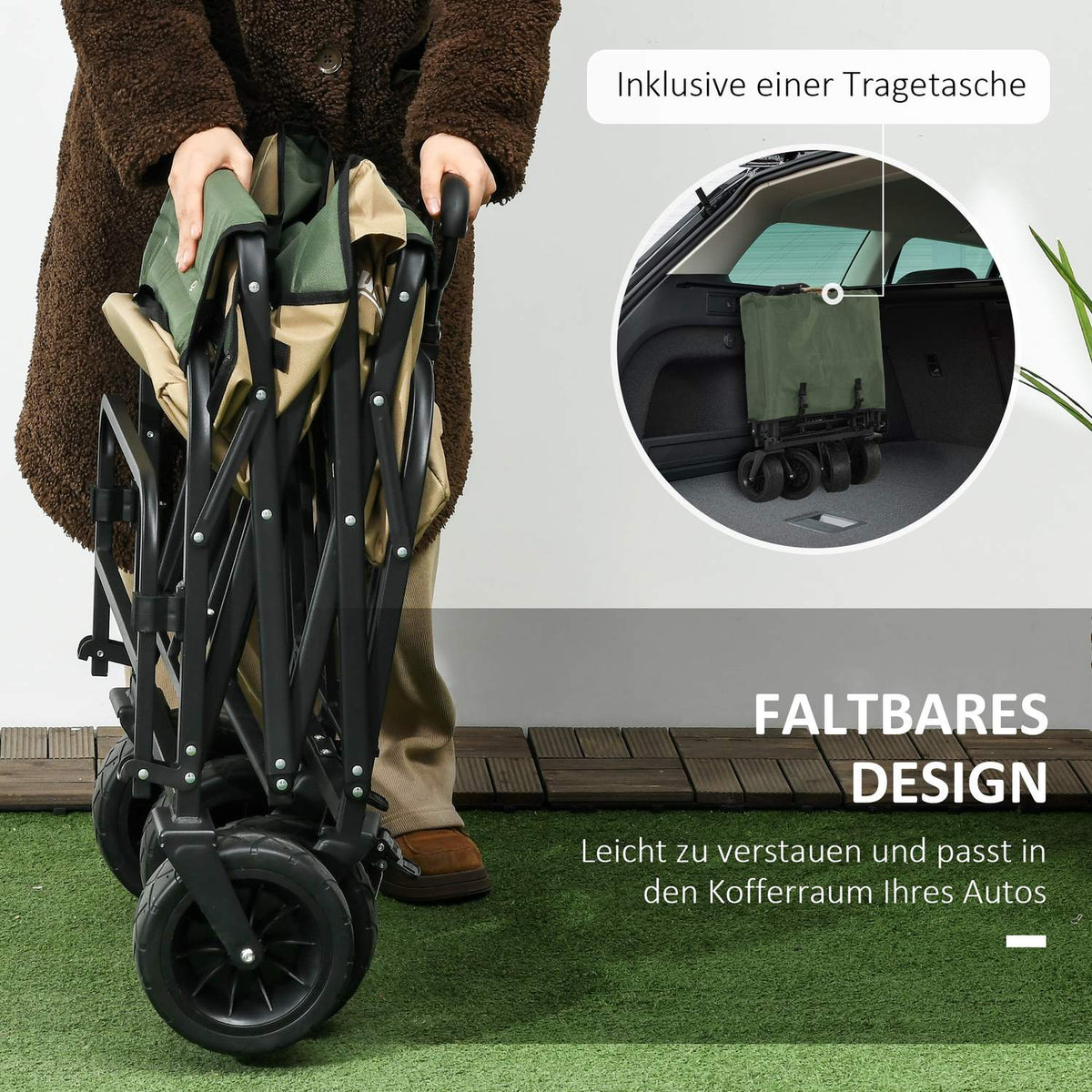 Handcart Folding Cart With Handle Beach Cart Garden Cart With Carry Bag Holds Up To 100Kg Oxford Khaki
