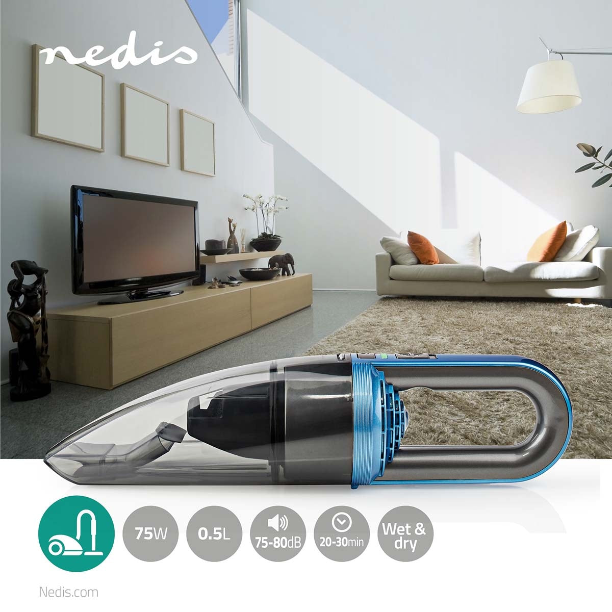 Handheld vacuum cleaner | 75 W| Rechargeable | Dry / Wet | Li-Ion | Blue / Grey