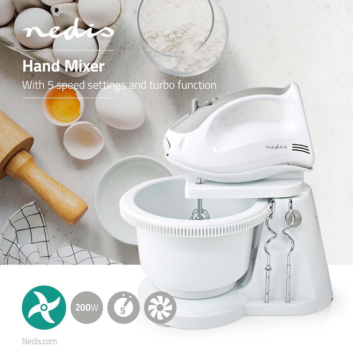 Hand whisk | 200 W | 5 speed setting | Turbo function | Turning bowl / 2 dough hooks / 2 whisks | Grey/White