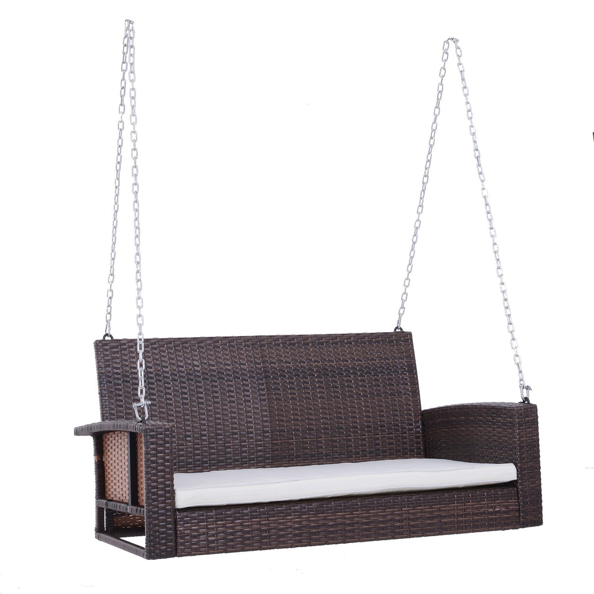 Hanging Bench 2-Seater Rattan Garden Swing With Seat Cushion Hanging Swing Hollywood Swing Garden Bench Brown 127 X 57.5 X 60 Cm