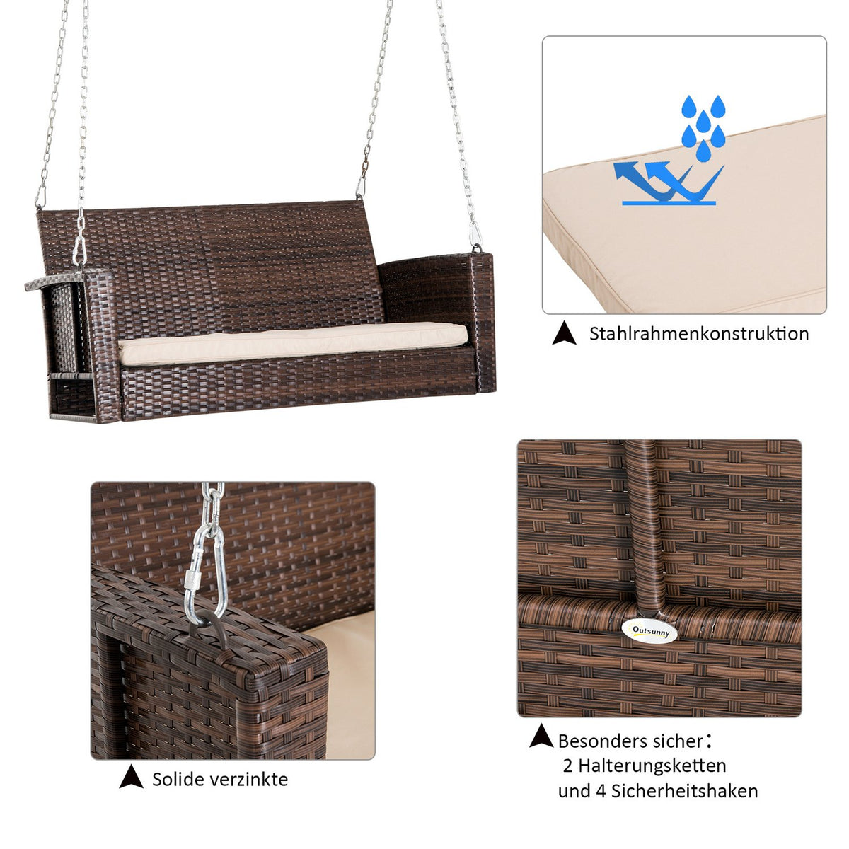Hanging Bench 2-Seater Rattan Garden Swing With Seat Cushion Hanging Swing Hollywood Swing Garden Bench Brown 127 X 57.5 X 60 Cm