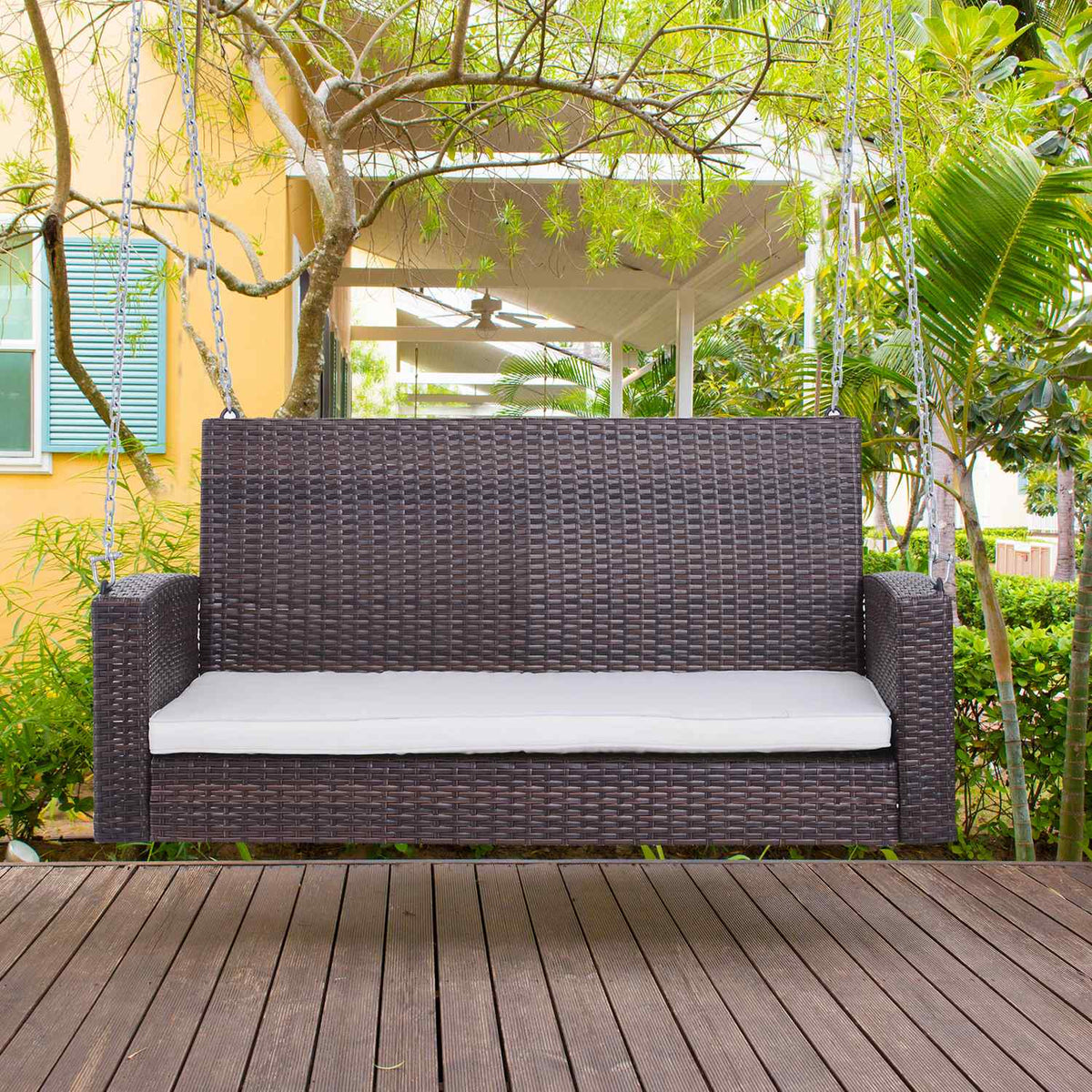 Hanging Bench 2-Seater Rattan Garden Swing With Seat Cushion Hanging Swing Hollywood Swing Garden Bench Brown 127 X 57.5 X 60 Cm