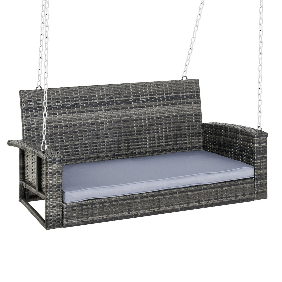 Hanging Bench 2-Seater Rattan Garden Swing With Seat Cushion, Hanging Swing, Hollywood Swing, Grey, 127 X 57.5 X 60 Cm