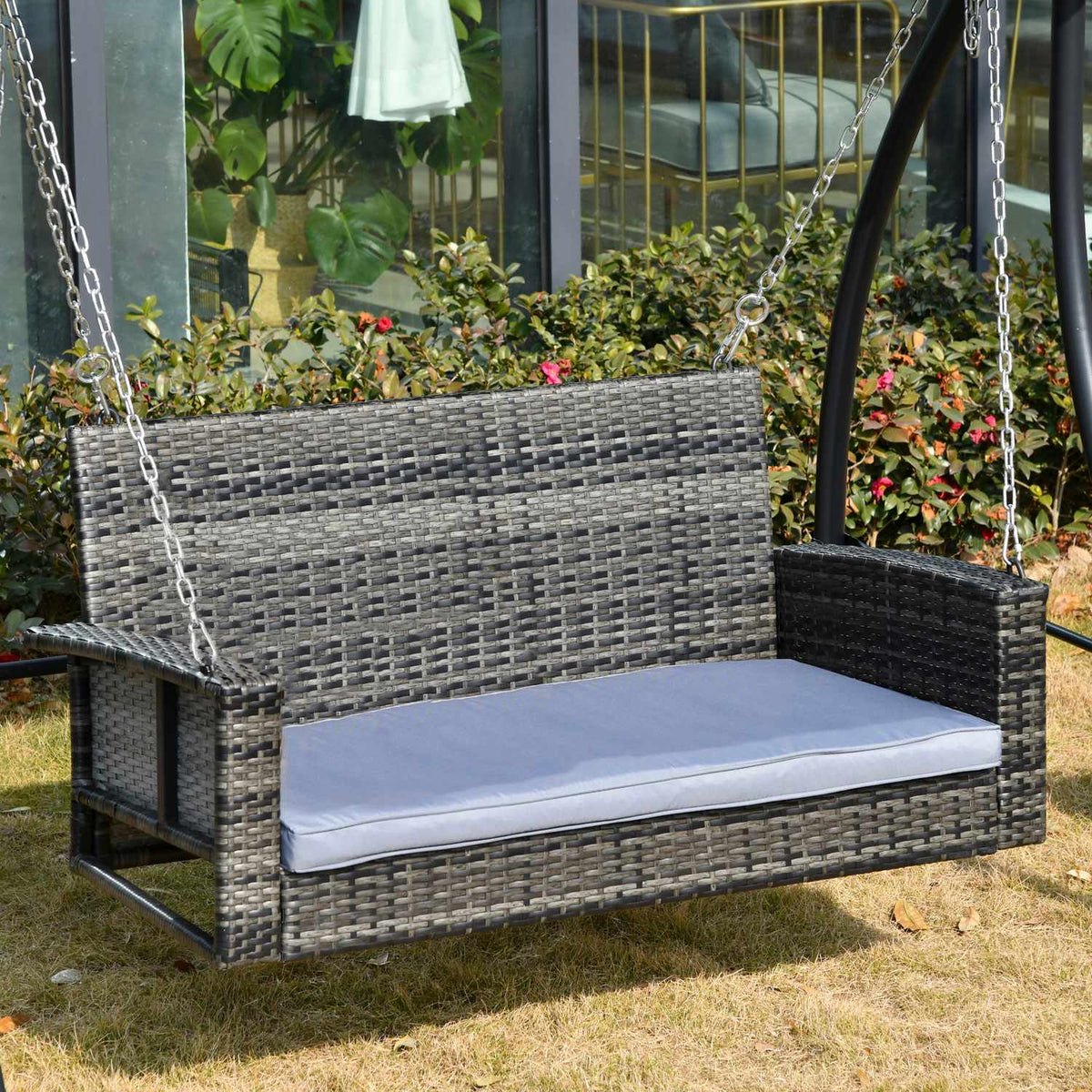 Hanging Bench 2-Seater Rattan Garden Swing With Seat Cushion, Hanging Swing, Hollywood Swing, Grey, 127 X 57.5 X 60 Cm
